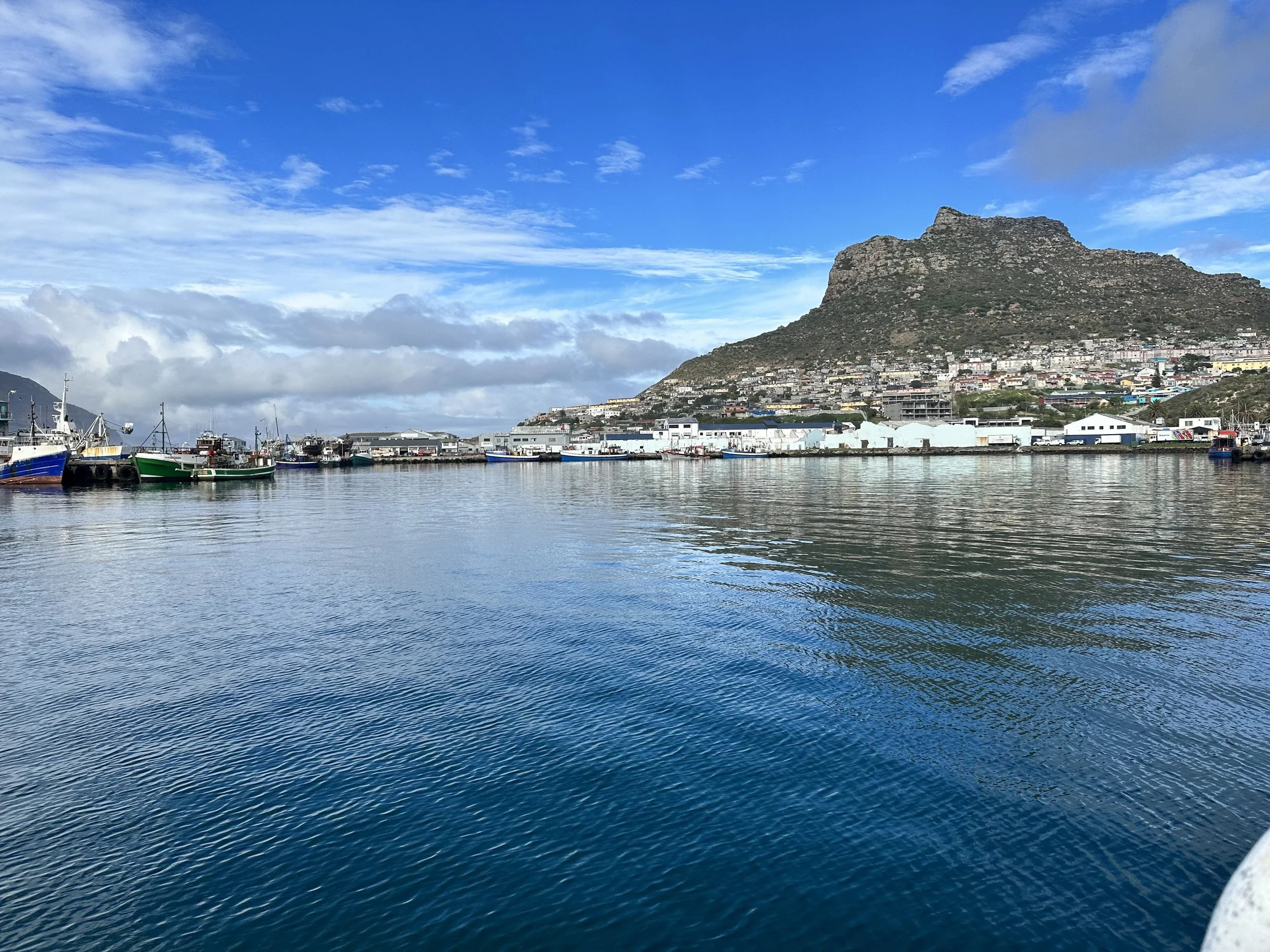 A harbor with boats docked along the shore, and a mountain with buildings on its slope under a partly cloudy sky.