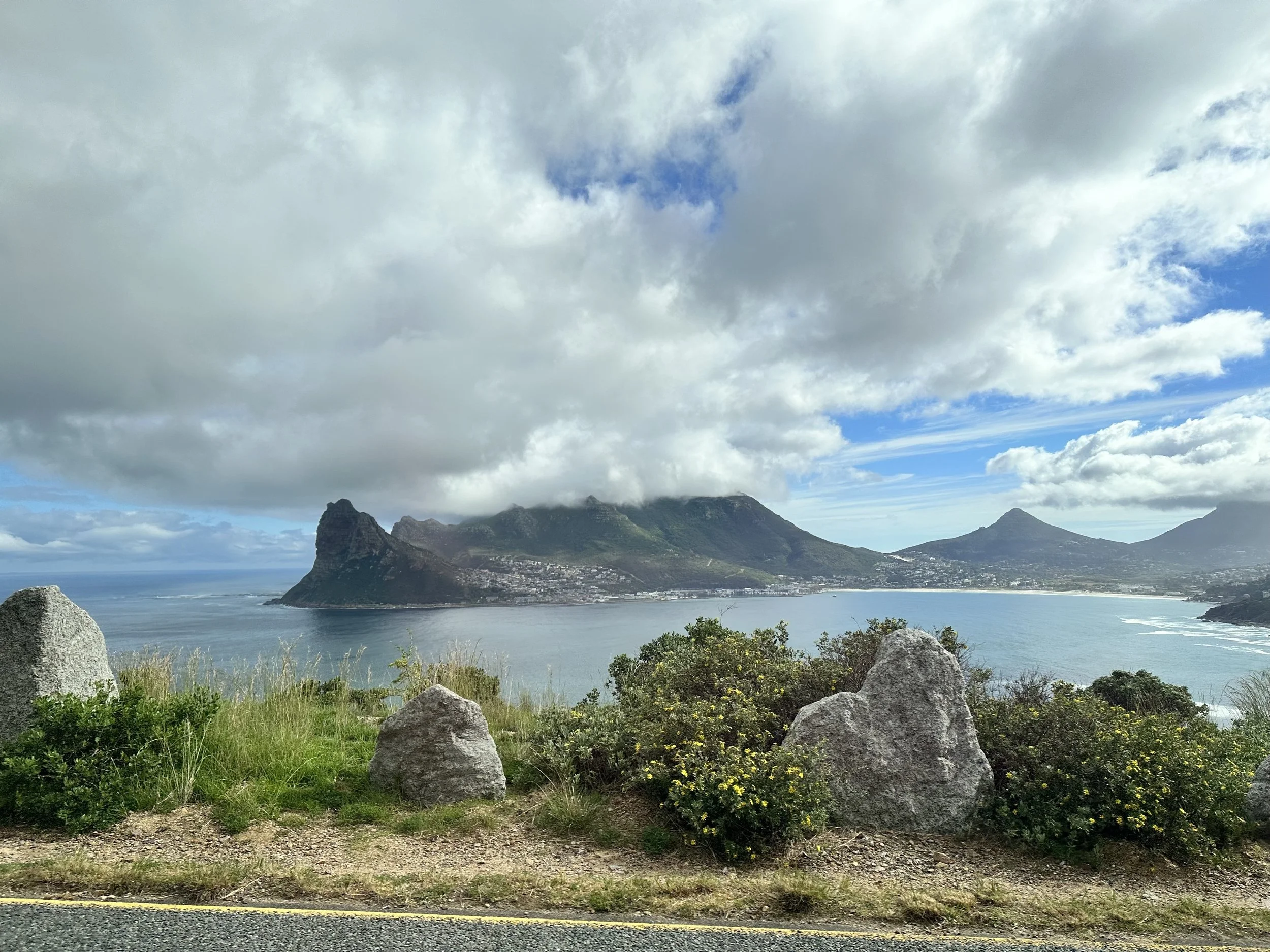 Scenic view of a bay with mountains in the background, partly cloudy sky, grassy foreground with rocks and bushes.