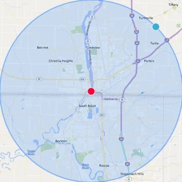 Map of South Beloit, Illinois, showing the city center with a red marker, and surrounding areas including Turtle, Porters, Rockton, and Stagerock Hills, with nearby highways and water features.