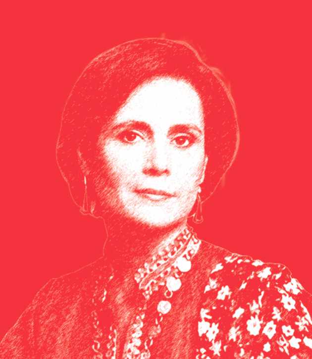 Red-toned illustration of a woman in formal attire with short hair, wearing ornate clothing and jewelry, against a solid red background.