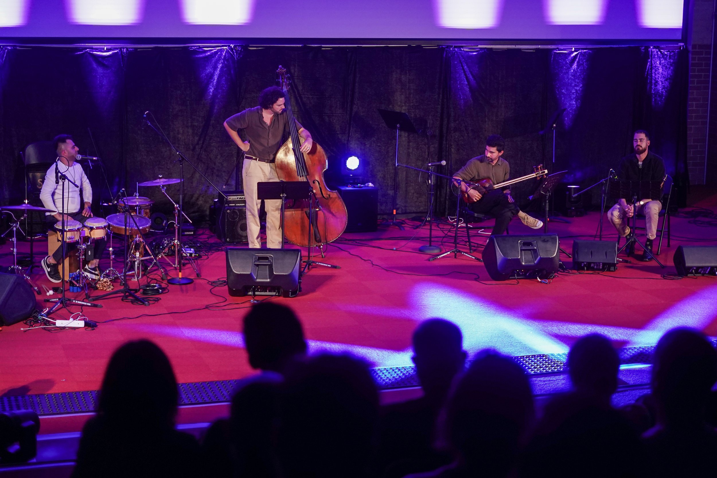 Musicians performing on stage with a double bass, drums, string instrument, and microphones. Audience silhouettes in the foreground.