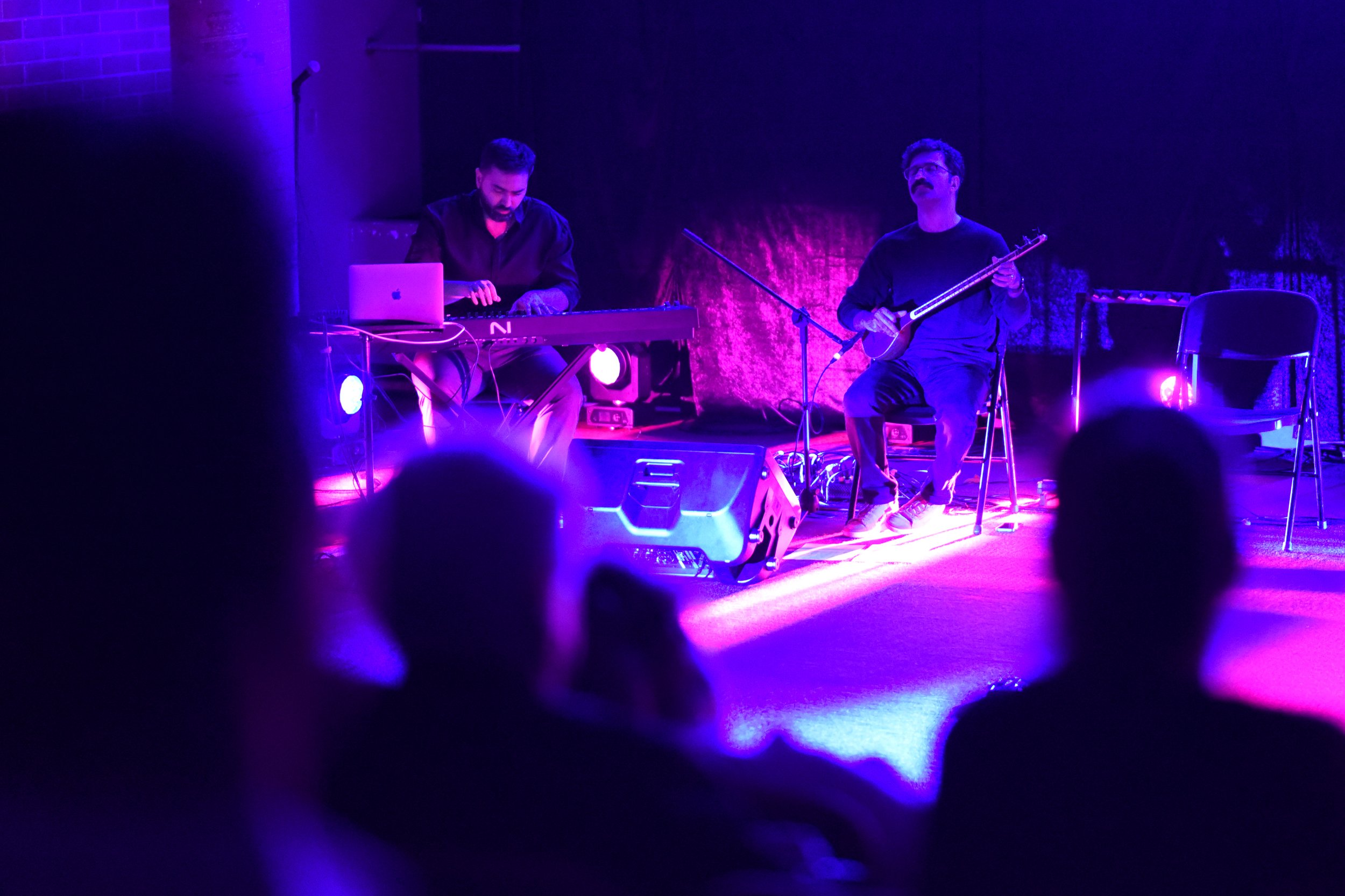 Two musicians performing on stage with purple lighting; one playing an electronic keyboard and the other a string instrument, with an audience in the foreground.