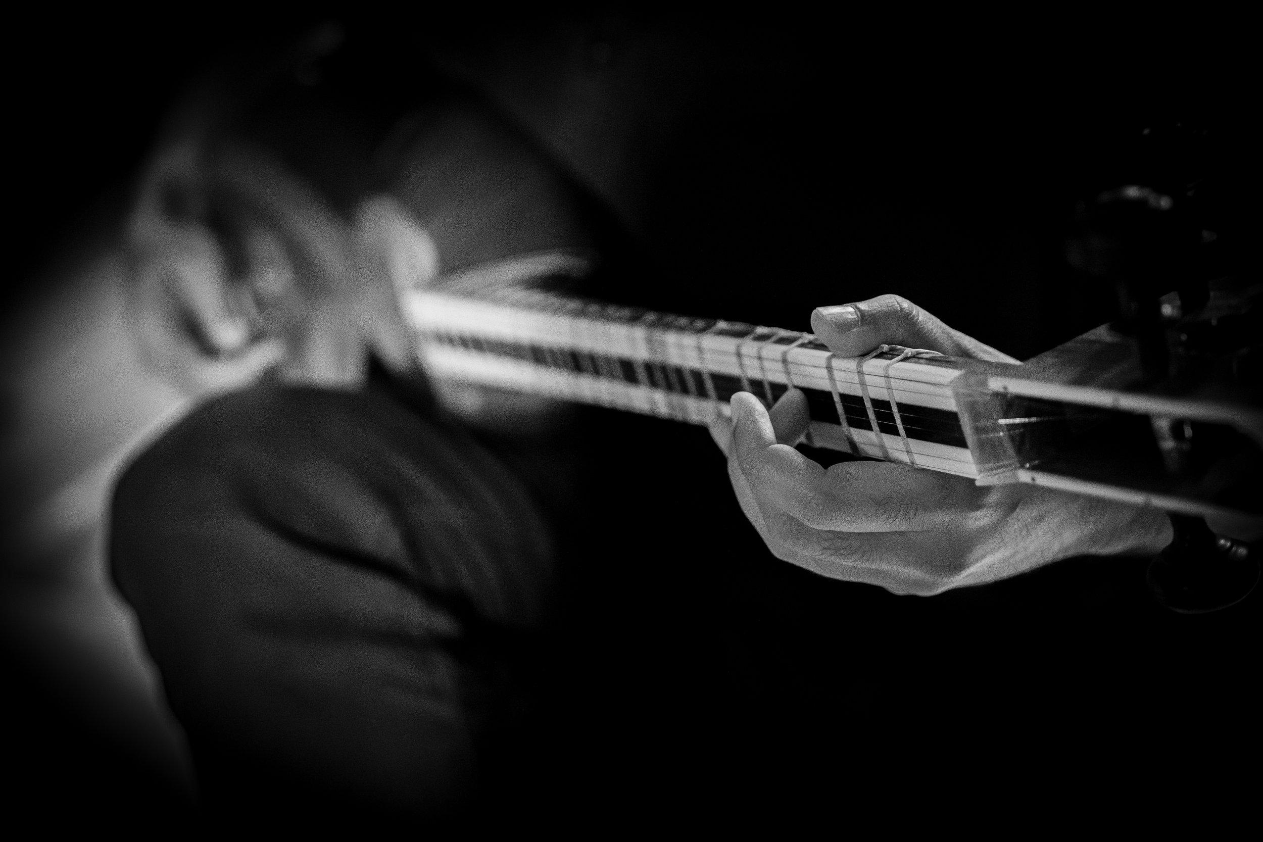 Black and white photo of hands playing a string instrument, close-up view of fingers on the strings.