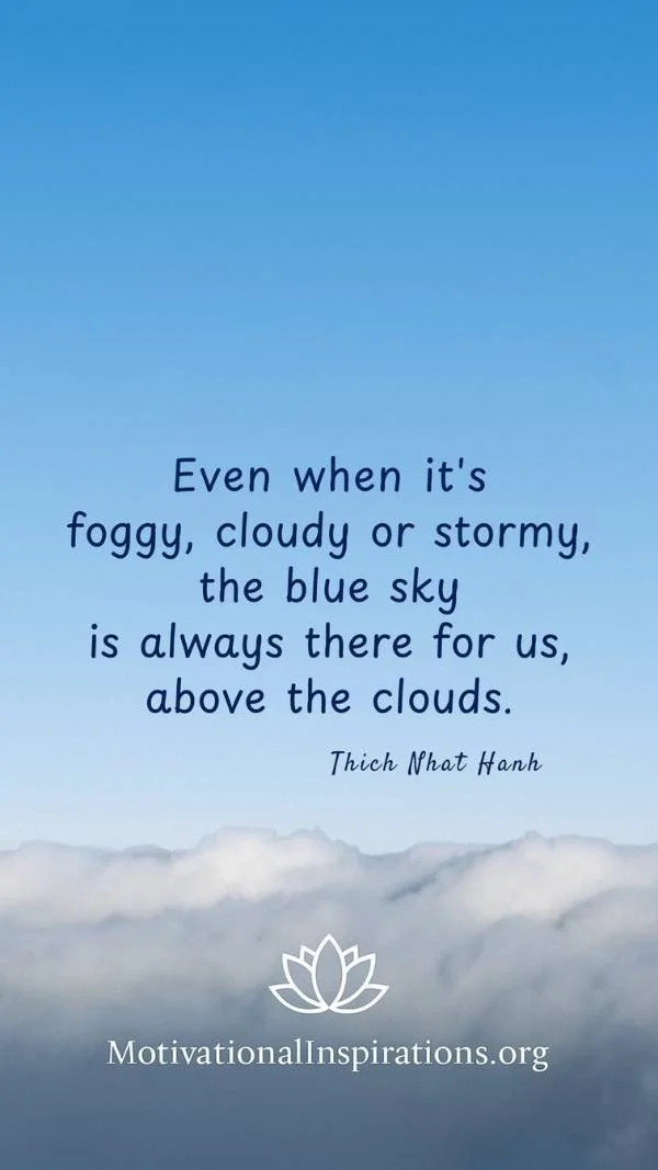 Blue sky above soft clouds with text by Thích Nhất Hạnh reminding us that calm and clarity remain even in stormy times; 9×16 phone wallpaper featuring a Thích Nhất Hạnh quote; created by Motivational Inspirations; optimized for 1080×1920.