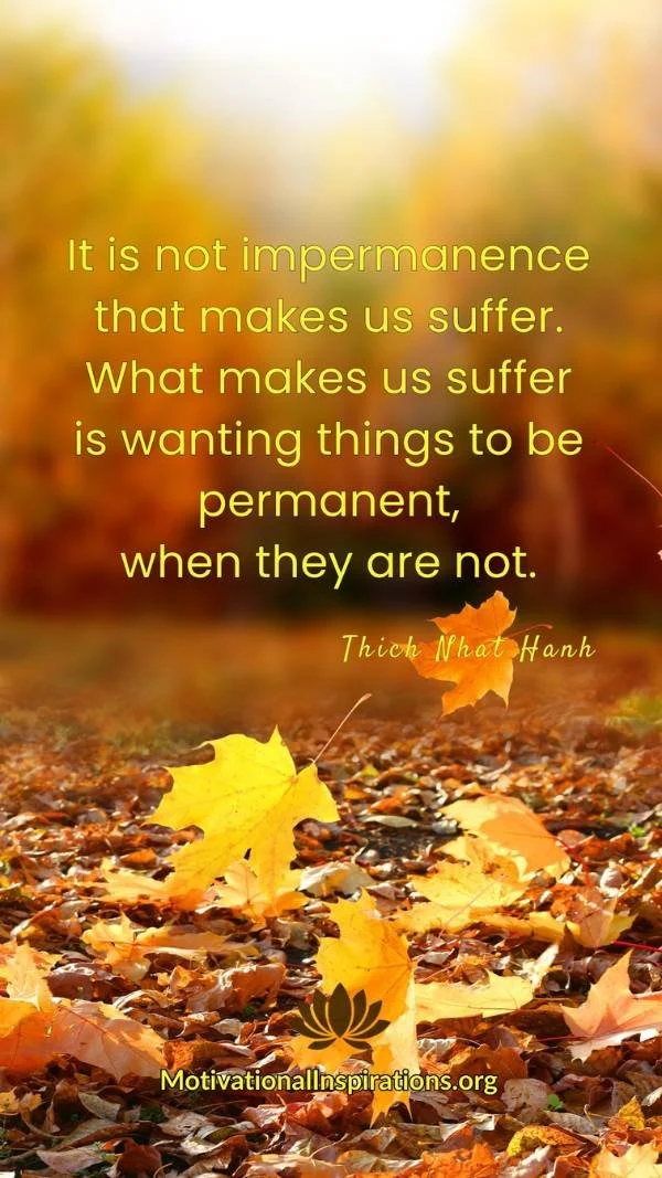 Golden autumn leaves on the forest floor with sunlight filtering through, paired with text by Thích Nhất Hạnh about impermanence and acceptance; 9×16 phone wallpaper featuring a Thích Nhất Hạnh quote; created by Motivational Inspirations; optimized f