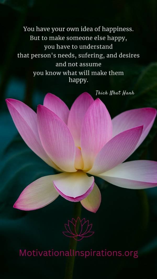 Pink lotus flower resting on dark water with text by Thích Nhất Hạnh about compassion, understanding, and respecting others’ paths to happiness; 9×16 phone wallpaper featuring a Thích Nhất Hạnh quote; created by Motivational Inspirations; optimized f