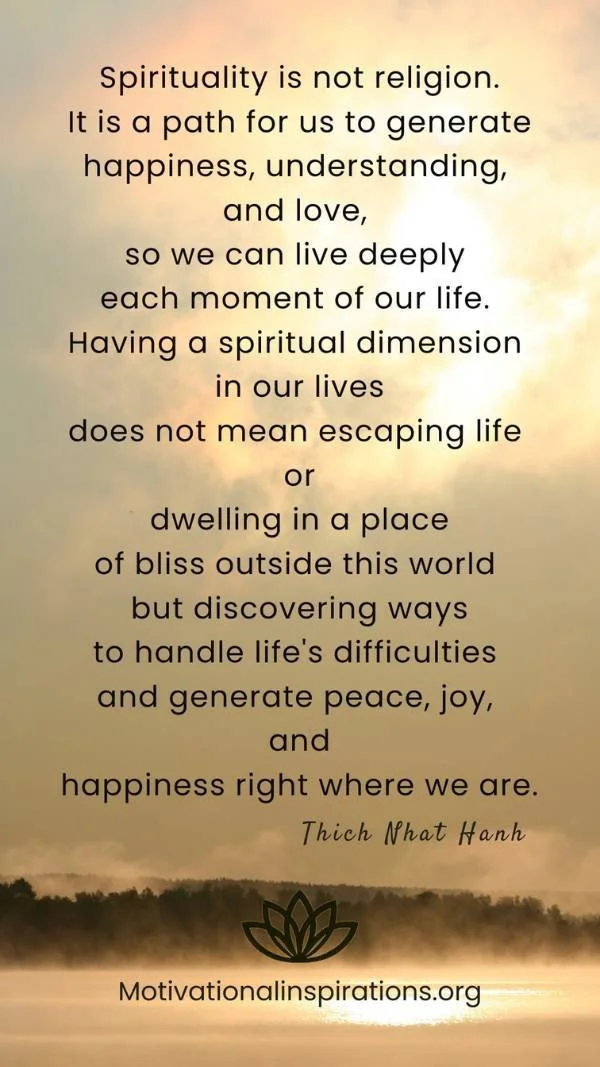 Soft golden light over a calm horizon with text by Thích Nhất Hạnh about spirituality, understanding, and living with peace in daily life; 9×16 phone wallpaper featuring a Thích Nhất Hạnh quote; created by Motivational Inspirations; optimized for 108