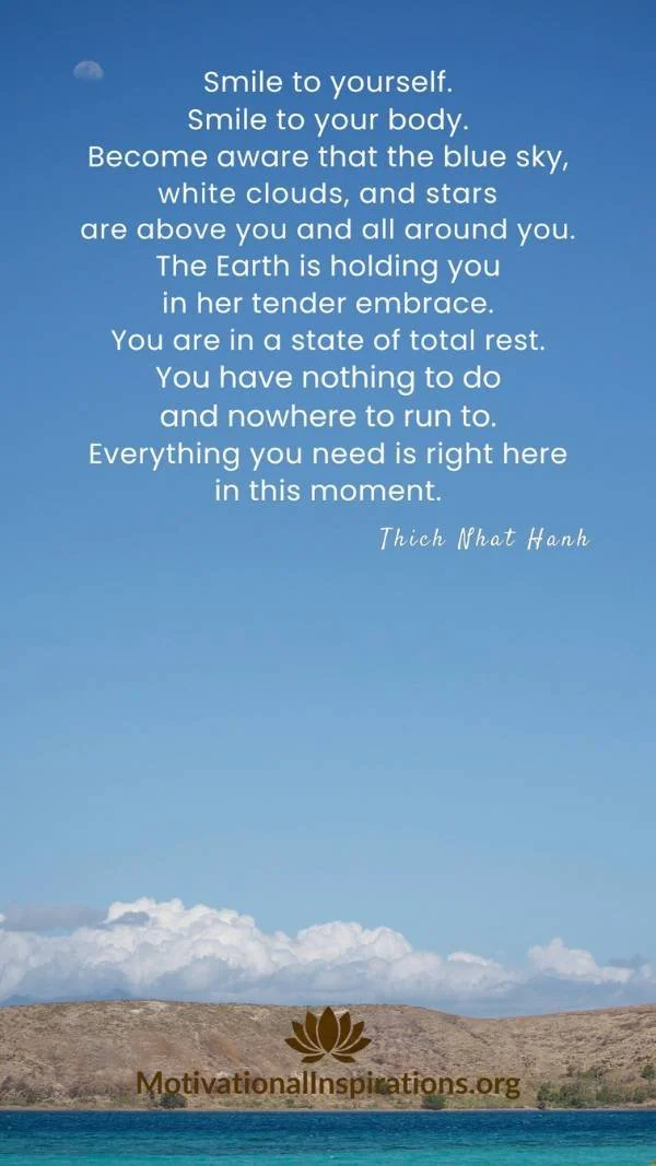 Clear blue sky above a golden field with text by Thích Nhất Hạnh encouraging mindfulness, self-compassion, and gratitude in the present moment; 9×16 phone wallpaper featuring a Thích Nhất Hạnh quote; created by Motivational Inspirations; optimized fo