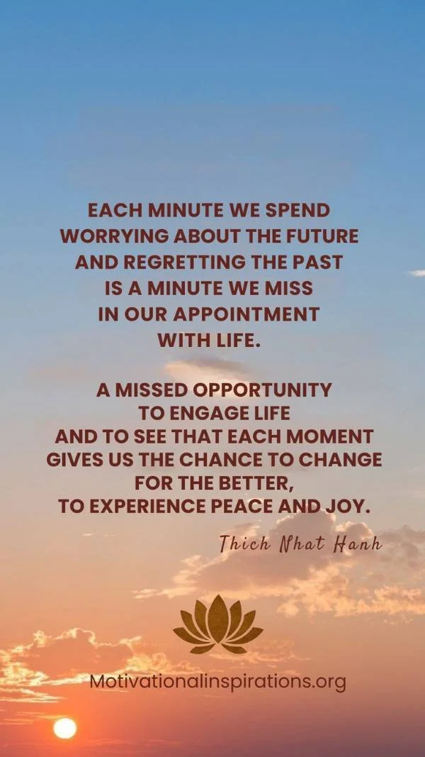 Soft sunrise sky with gentle clouds and text by Thích Nhất Hạnh reminding us to release regret and live fully in the present moment; 9×16 phone wallpaper featuring a Thích Nhất Hạnh quote; created by Motivational Inspirations; optimized for 1080×1920