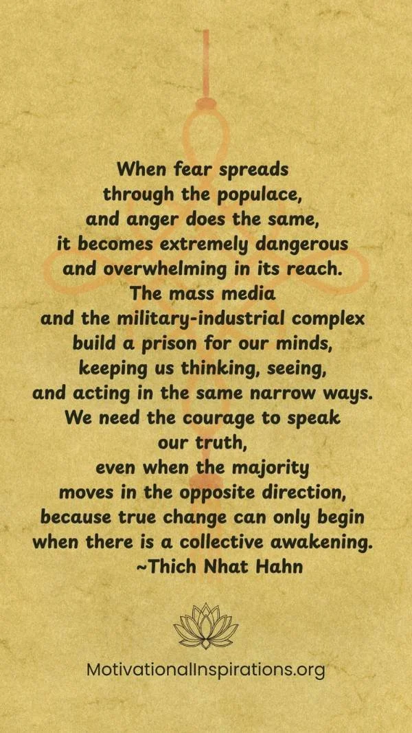 Golden parchment background with text by Thích Nhất Hạnh on courage, awareness, and speaking truth in times of fear and division; 9×16 phone wallpaper featuring a Thích Nhất Hạnh quote; created by Motivational Inspirations; optimized for 1080×1920.