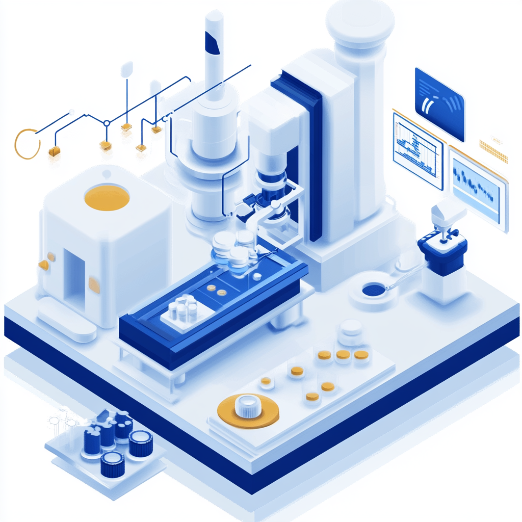 Illustration of a laboratory or research facility with scientific equipment, computer screens displaying charts, and machinery for experiments or analysis.