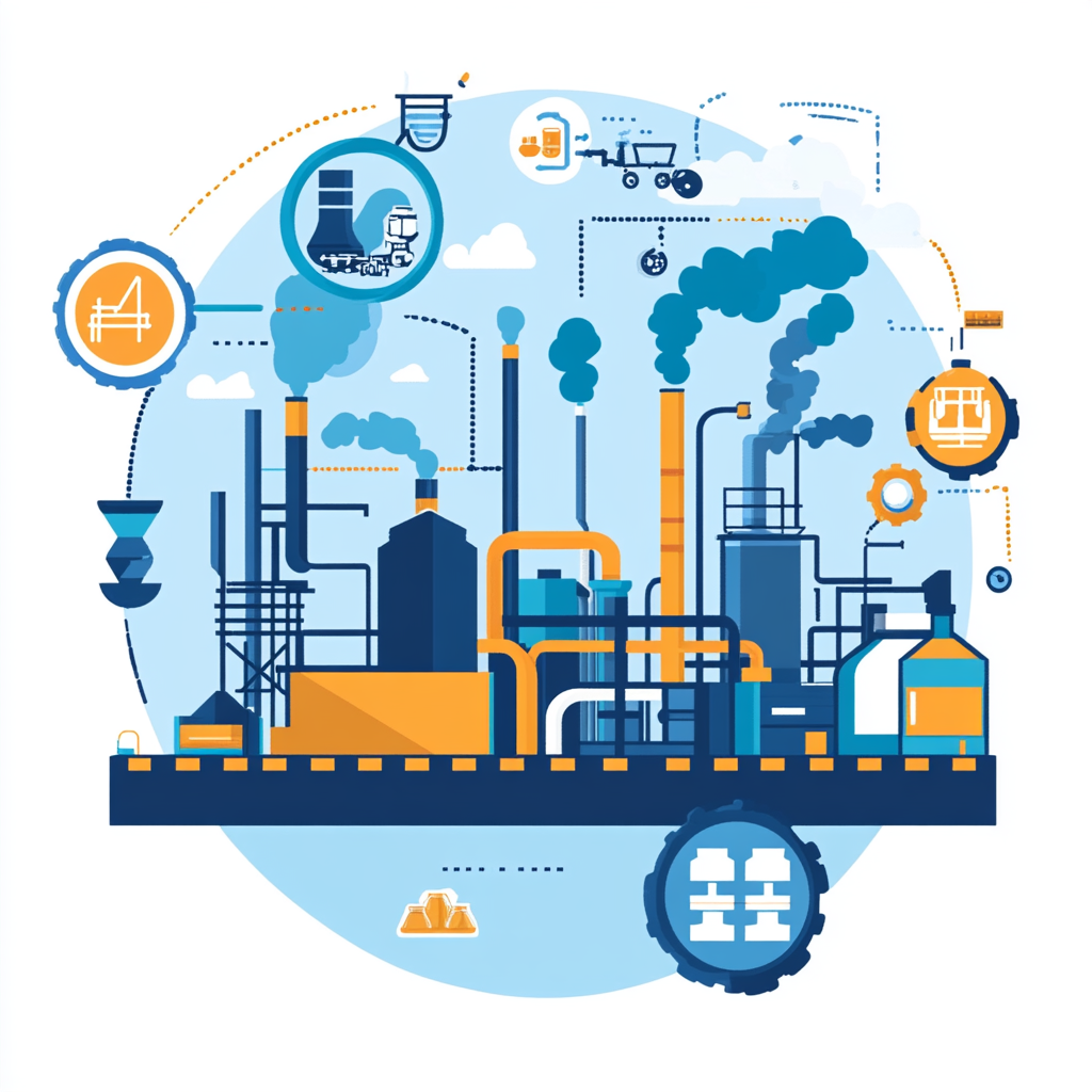Illustration of an industrial factory with multiple smokestacks emitting smoke, surrounded by icons representing machinery and processes.
