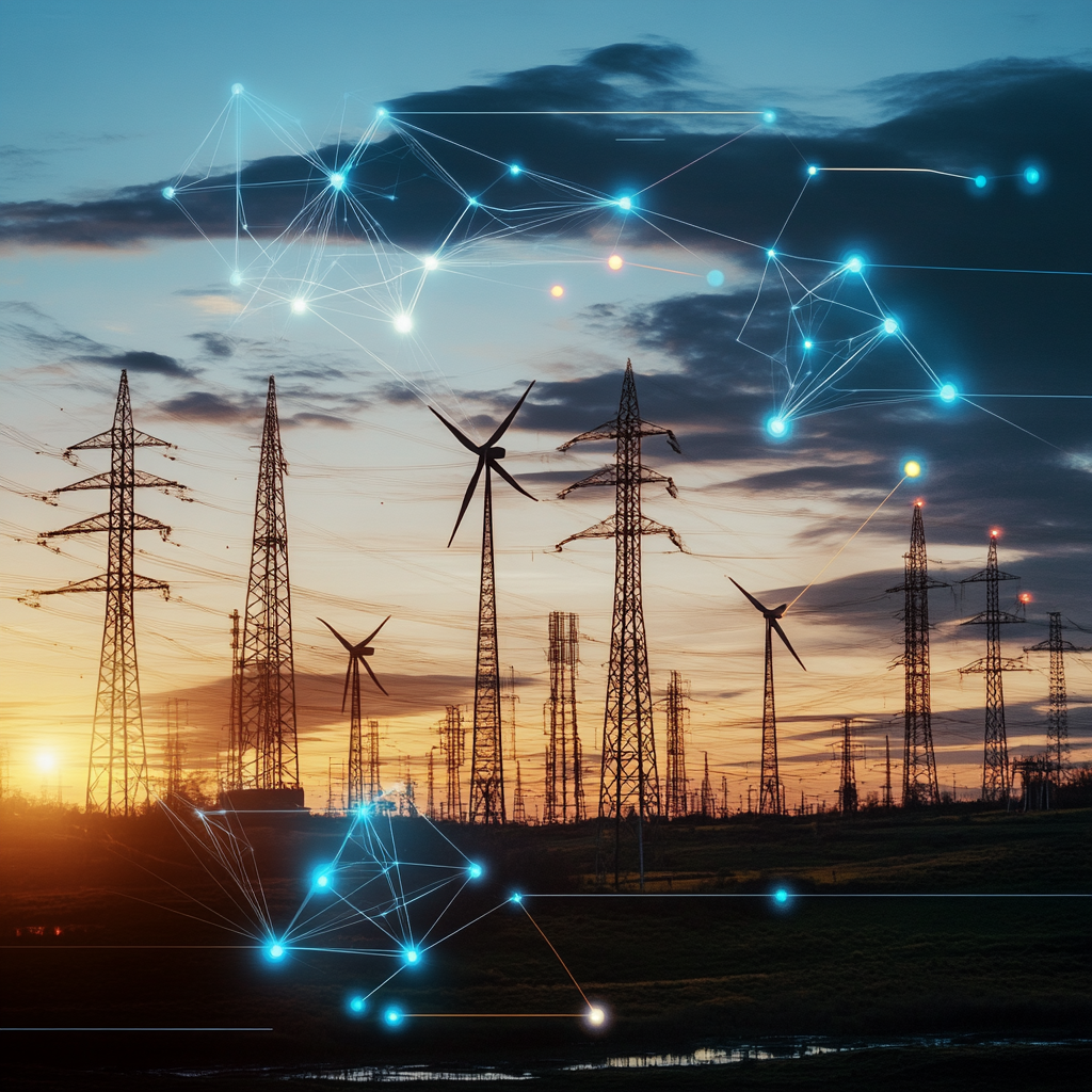 Electric pylons and wind turbines at dusk with digital network overlay, symbolizing smart grid technology and renewable energy.