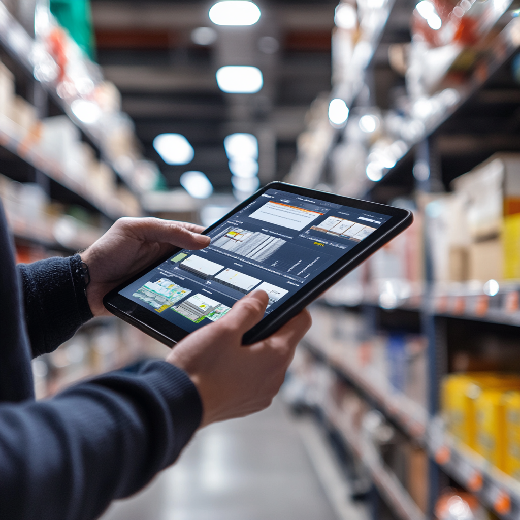 Person using a tablet in a grocery store aisle, browsing product images and information.