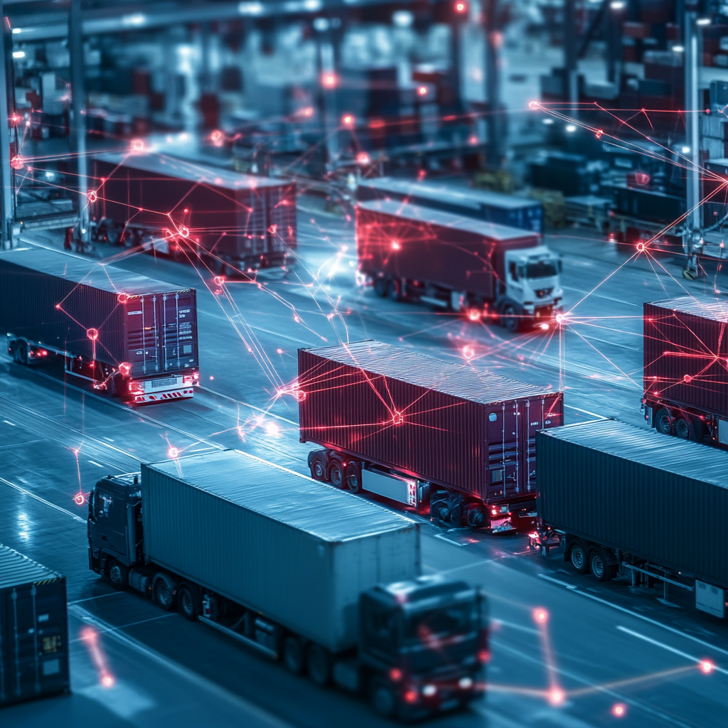 Multiple semi-trucks parked or moving in a cargo depot with digital network overlay highlighting connectivity and data transfer.