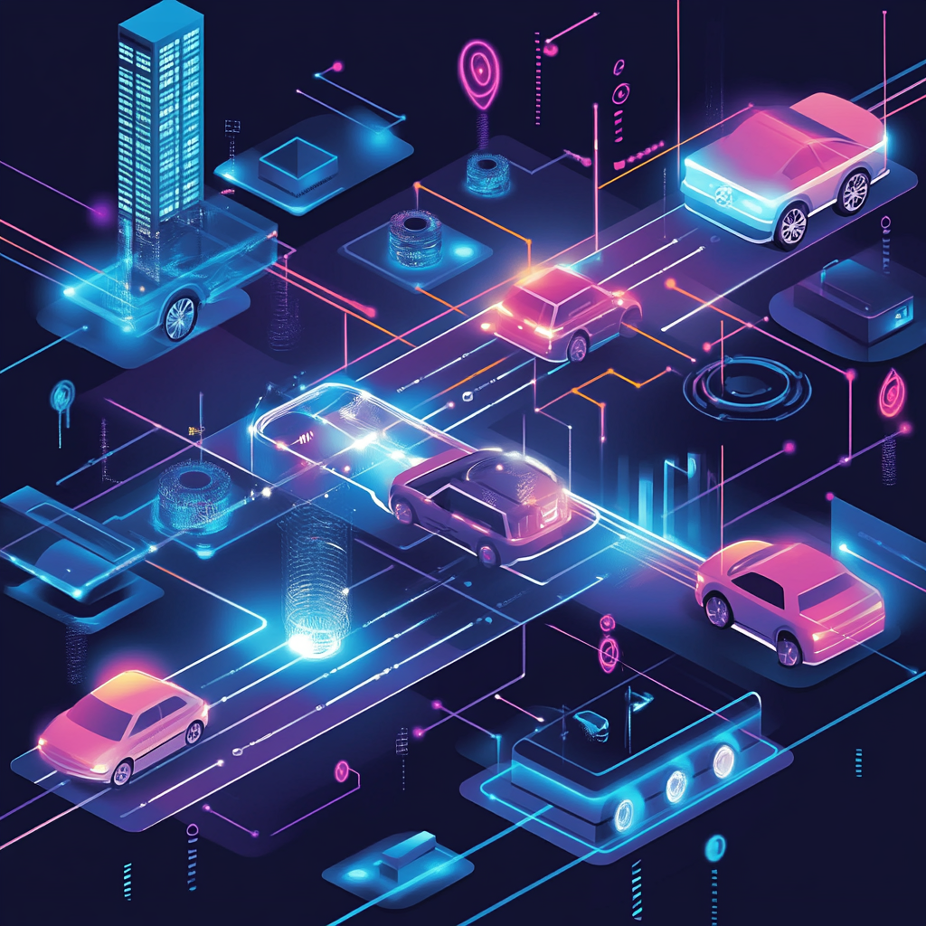 Futuristic digital landscape with glowing cars and city elements, illustrating smart city technology and connected transportation systems.