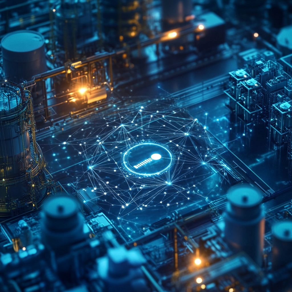 A digital rendering of a futuristic computer motherboard with glowing blue connections and a holographic interface in the center.