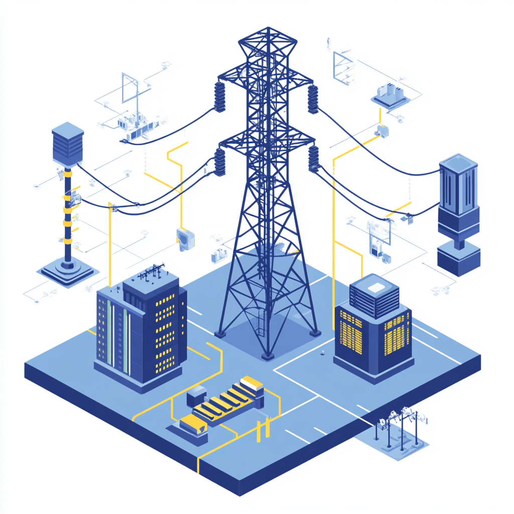 Illustration of an electricity grid system featuring a central power transmission tower linked to various buildings and infrastructure components, depicting connectivity and energy distribution.