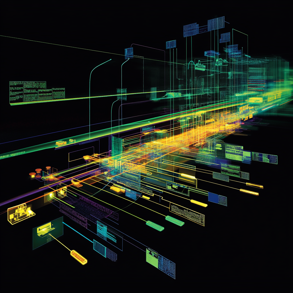 Abstract digital network visualization with colorful lines and data blocks on a black background.