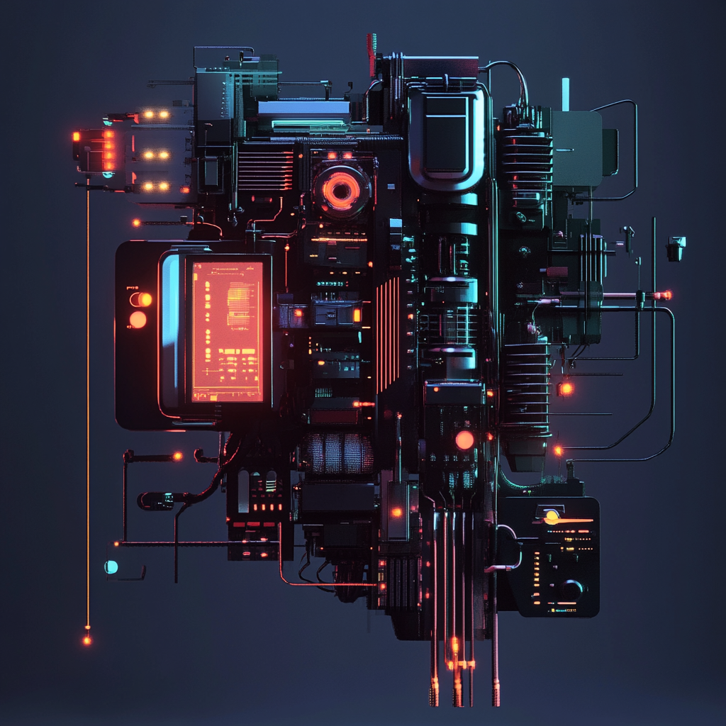 Futuristic cyberpunk-style digital circuit board with glowing red and blue lights, resembling a high-tech machine or computer components.