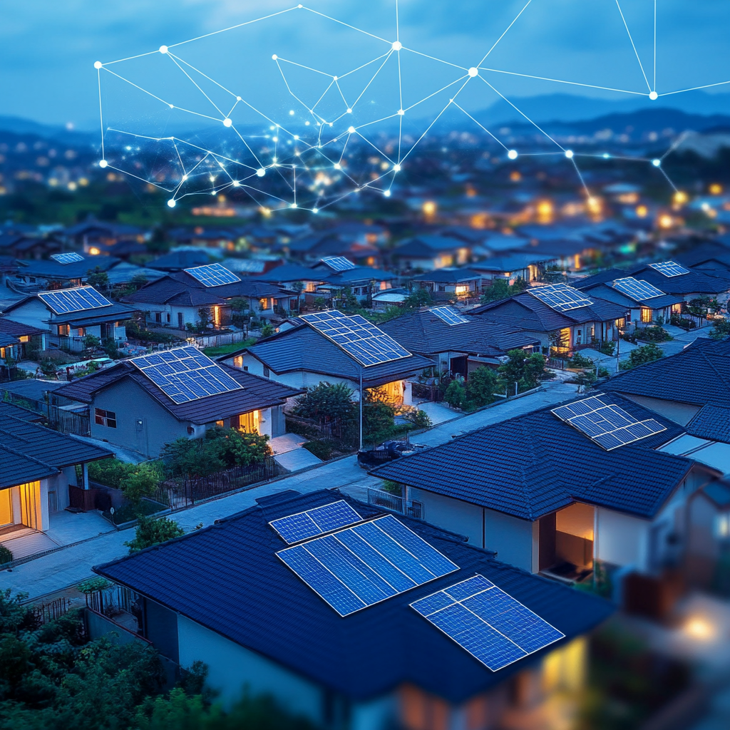 Suburban neighborhood at dusk with houses featuring rooftop solar panels and a digital network overlay representing smart technology.