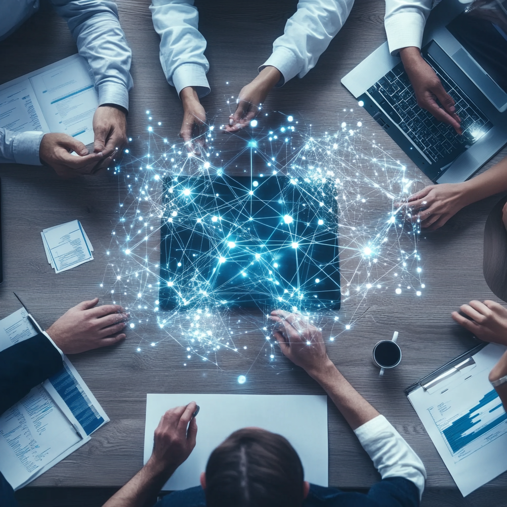 Group of business professionals around a table with papers and laptop, overlaid with a digital network graphic, symbolizing technology and collaboration.
