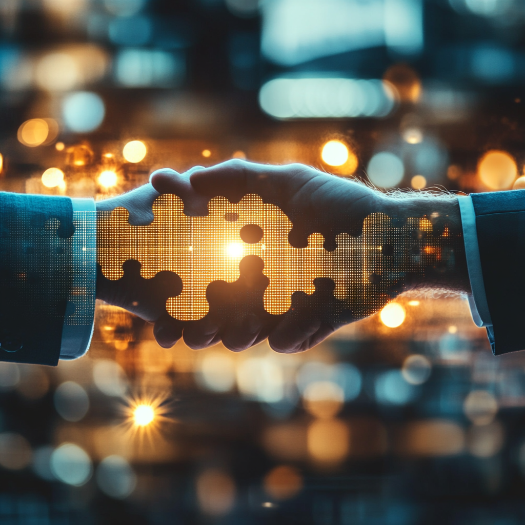 Two businessmen shaking hands with a puzzle piece graphic overlay, symbolizing partnership and collaboration in a digital setting, with blurred city lights and bokeh in the background.