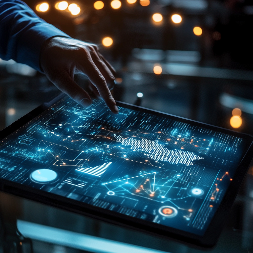 Person interacting with a digital touchscreen display showing data and map visuals, in a high-tech environment with blurred lights in the background.