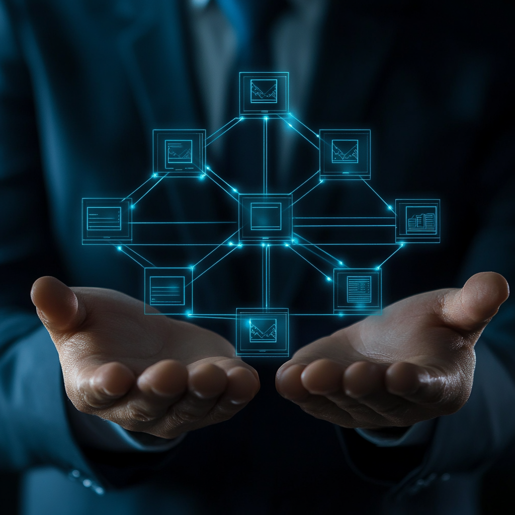 Hands holding a digital cloud network with icons for data and analytics interconnected, symbolizing cloud computing and data management.