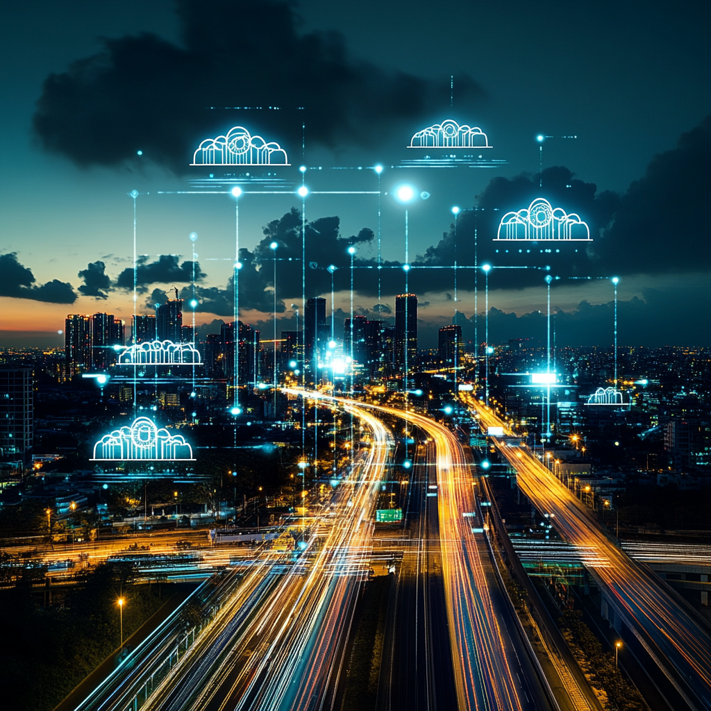 City skyline at night with digital cloud icons overlay, representing technology and connectivity.