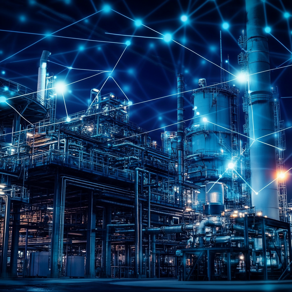 Industrial facility at night with digital network connections concept overlay.