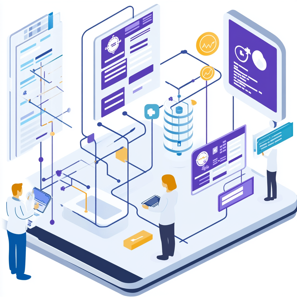 Illustration of people interacting with digital data screens and networks, showcasing concepts of technology and information exchange.