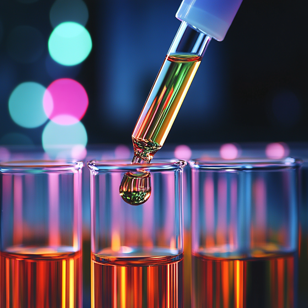 Close-up of a laboratory pipette dispensing colorful liquid into a test tube, with other test tubes lined up in the background, illuminated by vibrant, multicolored lights.