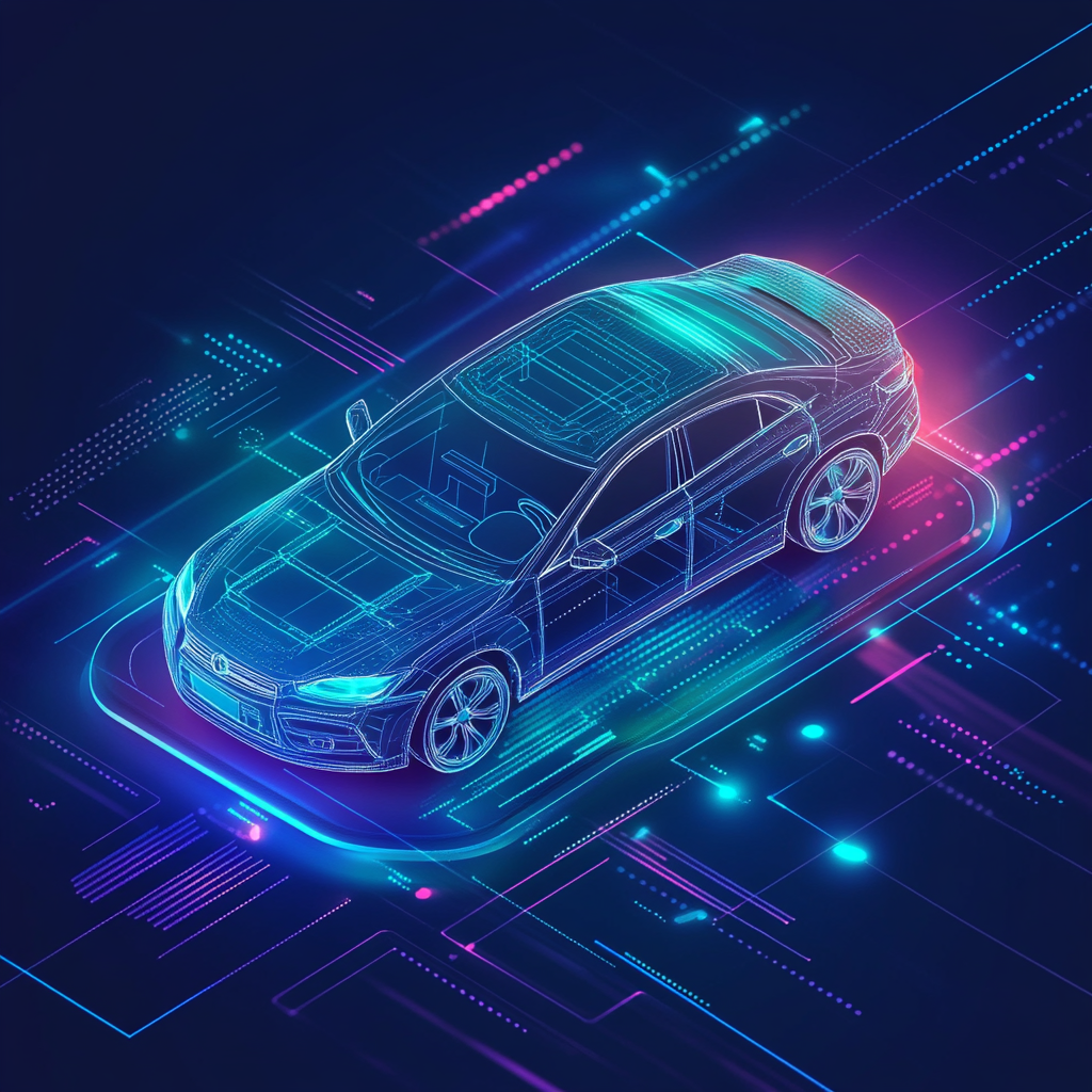 Futuristic digital rendering of a car, outlined with glowing neon lines against a dark background, showcasing a technology concept.