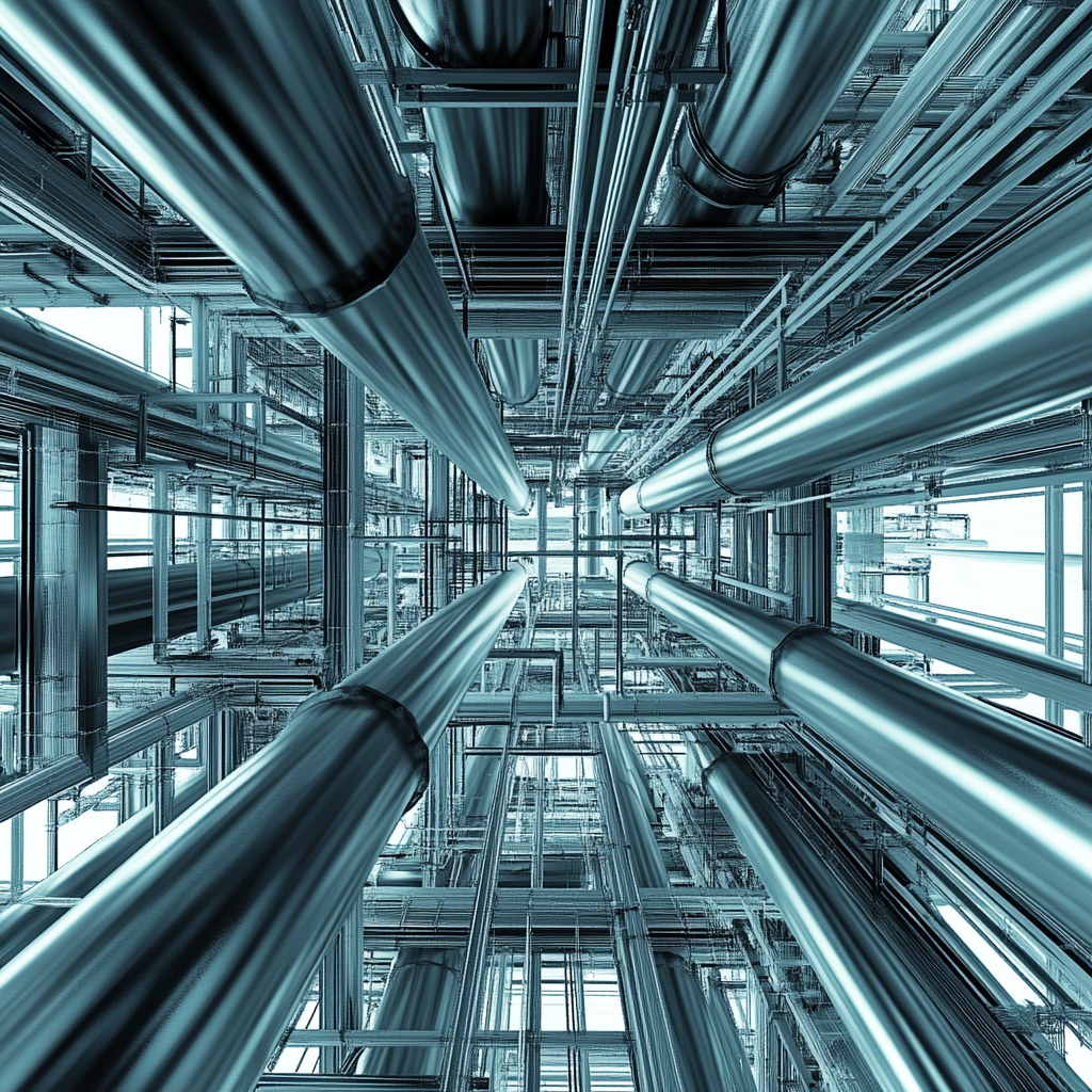 Complex network of large metal pipes in an industrial facility, viewed from below.