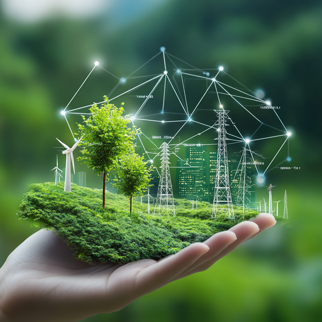 Hand holding a miniature landscape with trees, wind turbines, and power lines, overlaid with digital network connections and data points.