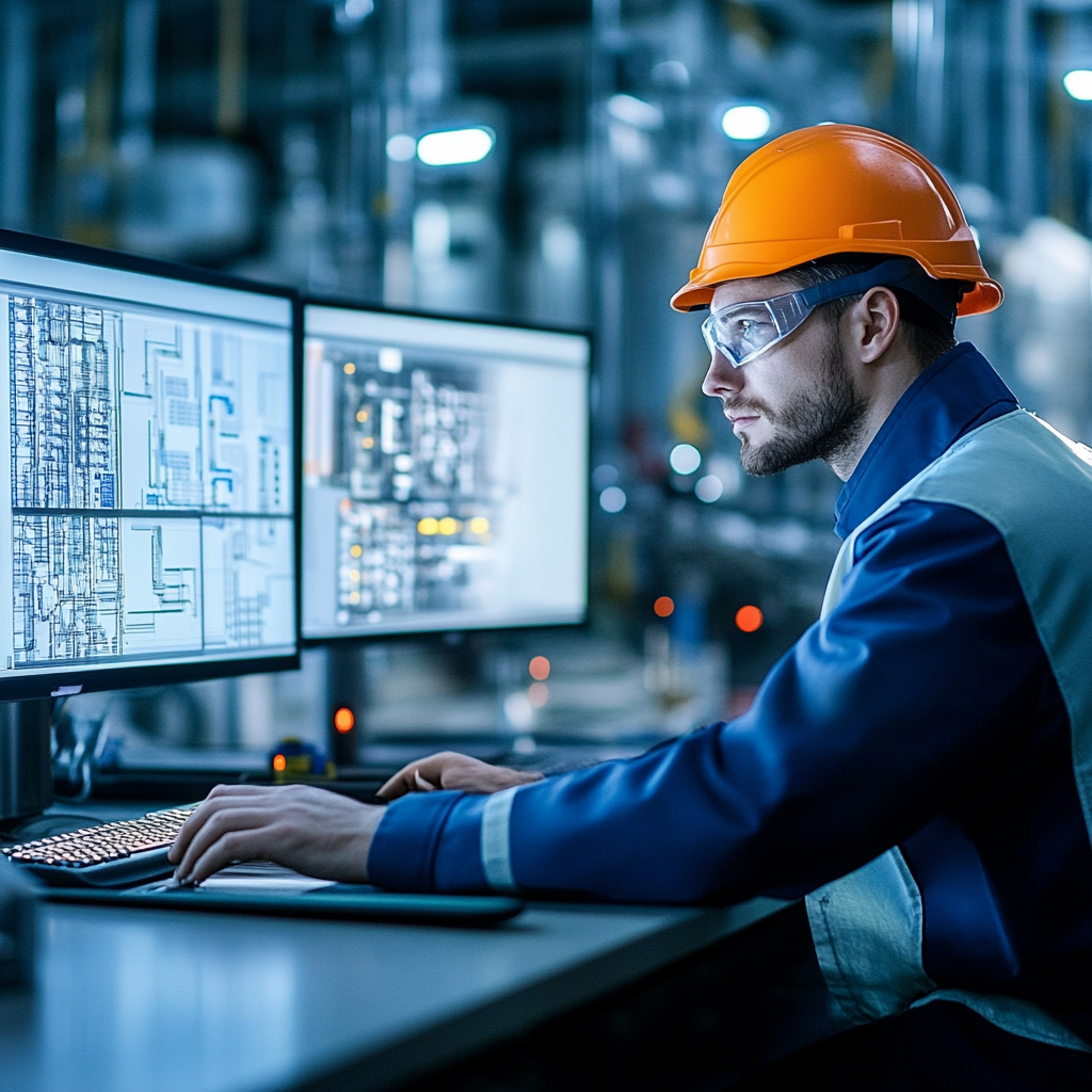 Engineer wearing an orange hard hat and safety goggles, focused on multiple computer monitors displaying technical diagrams in an industrial control room.