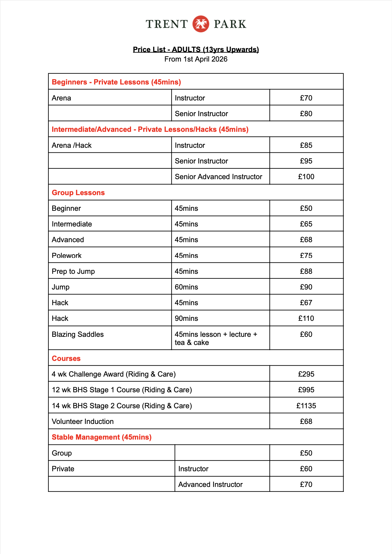 Price list for Trent Park activities, including private lessons for beginners, intermediate, and advanced levels, group lessons, courses, and stable management, with prices and durations specified.