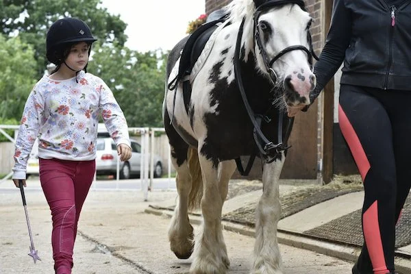 A young girl in riding gear walking a black and white horse with a trainer or instructor.