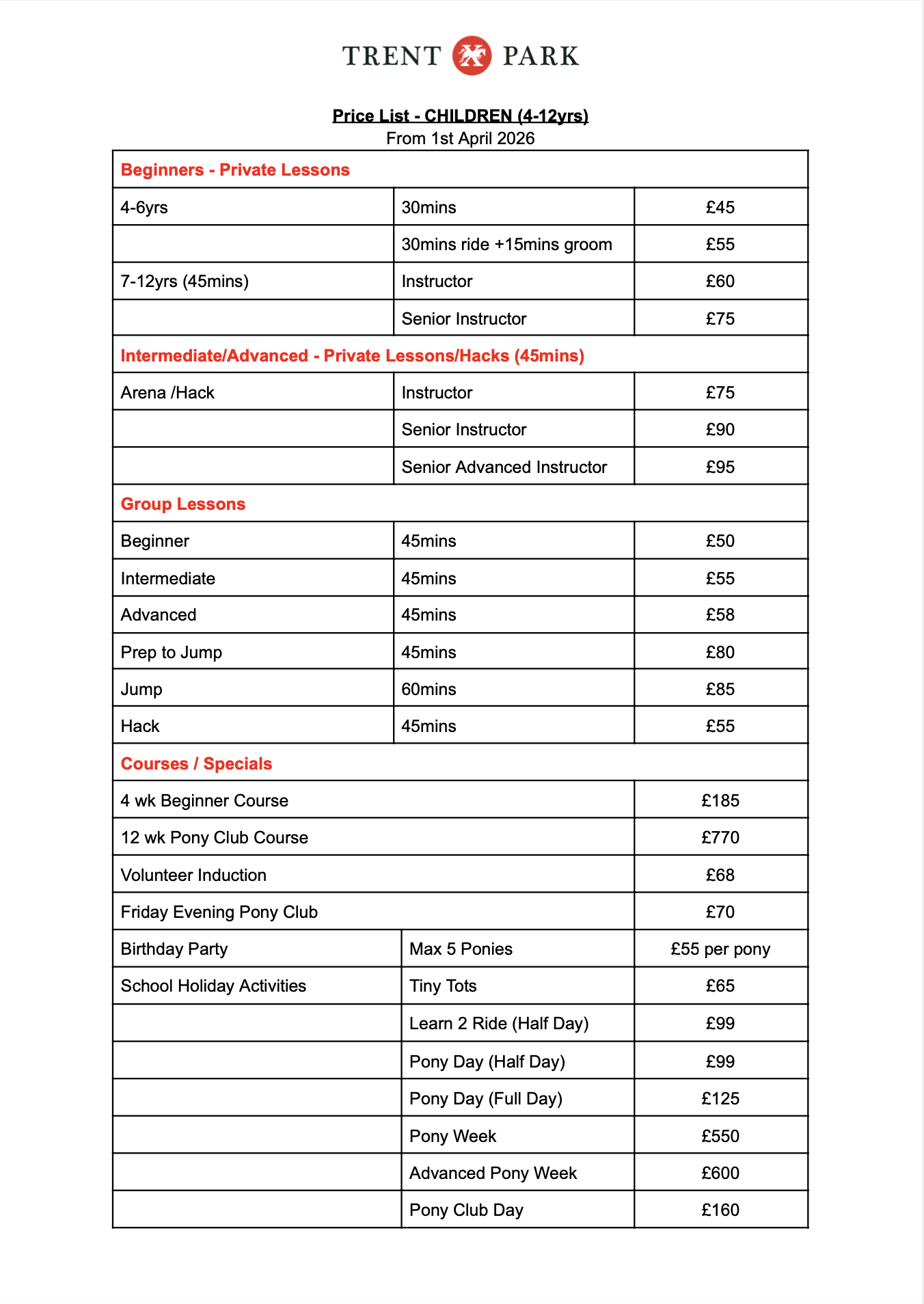 A price list for children between 4 to 12 years old at Trent Park, effective from April 1, 2026. It details private lessons for beginners, intermediate, and advanced levels, group lessons, courses, and specials such as pony club and holiday activities.