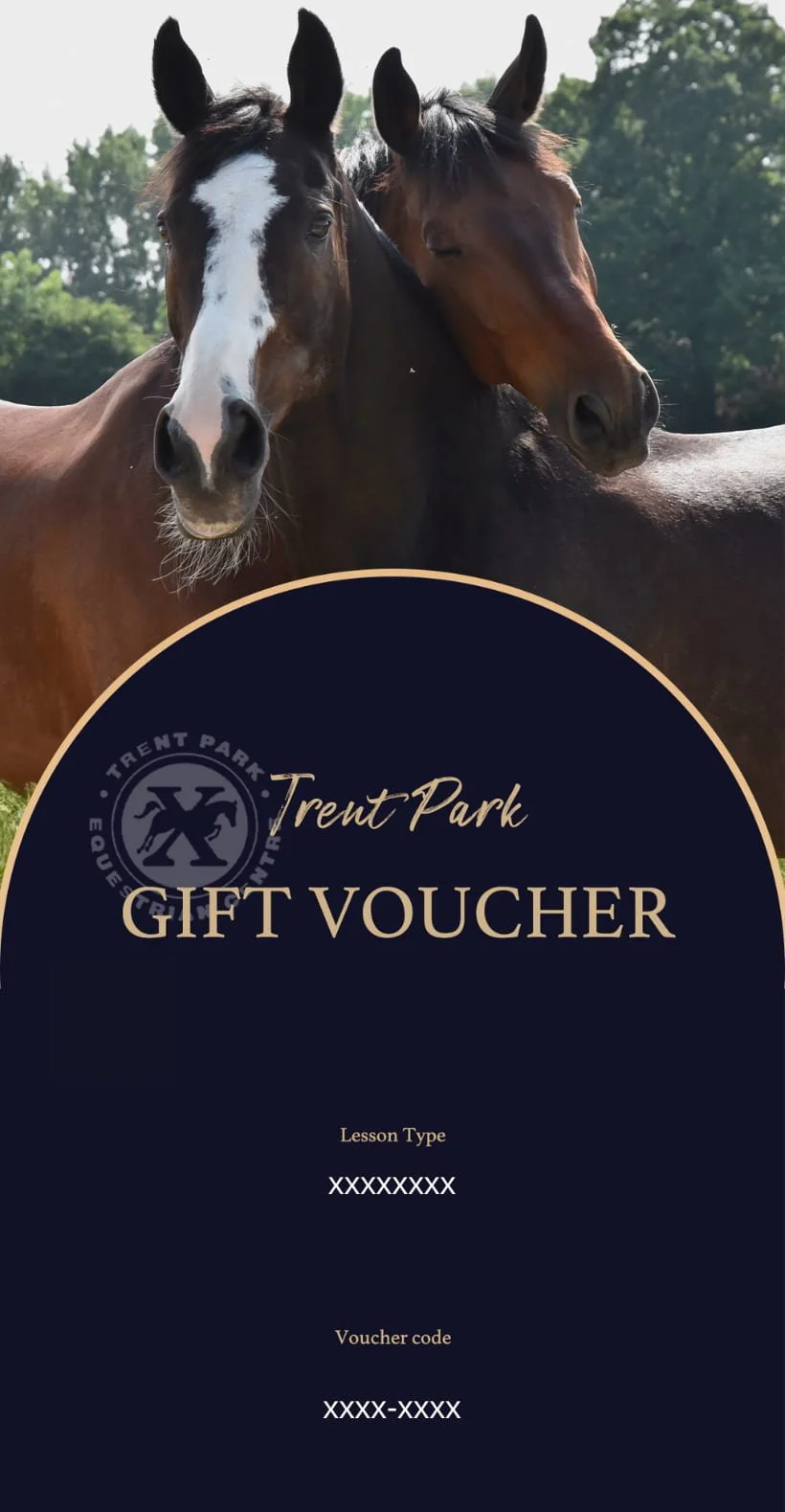 A gift voucher from Trent Park Equestrian Center featuring a background with two horses standing close to each other, with trees and blue sky in the distance. The voucher includes text indicating it is for Trent Park, labeled "GIFT VOUCHER," with spaces for lesson type and voucher code.