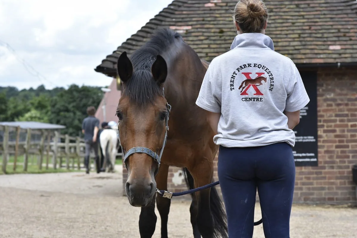A woman at a horse riding center, standing next to a brown horse, with other horses and a person in the background, in front of a brick building and a cloudy sky.