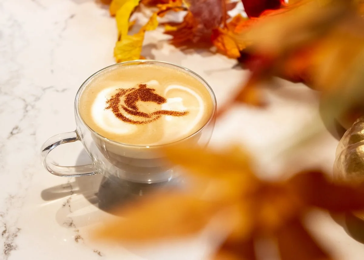 A glass cup of coffee with foam and cinnamon on top, placed on a white marble surface with autumn leaves and decorative pumpkins in the background.