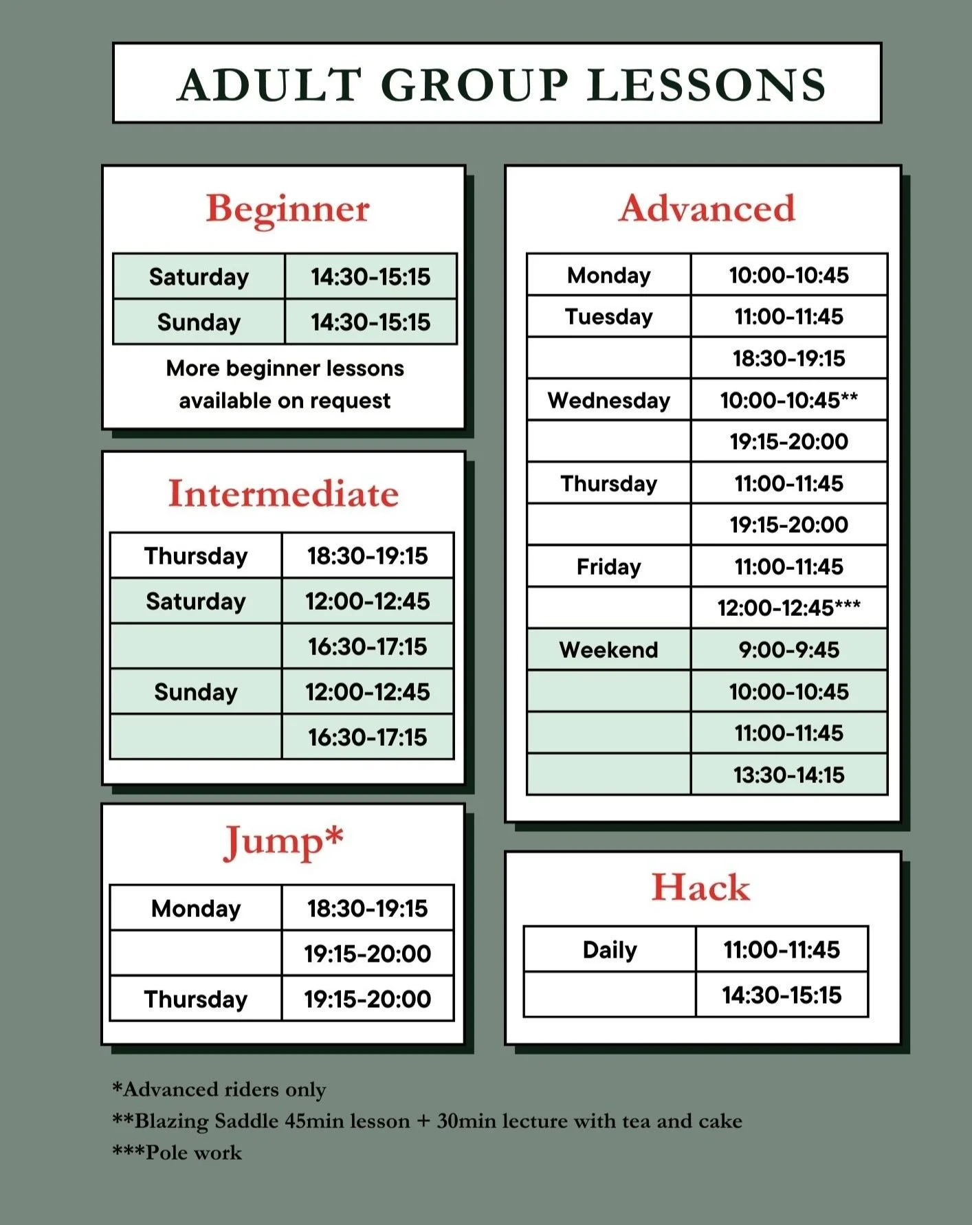 A schedule for adult group lessons divided into beginner, intermediate, jump, advanced, and hack categories, with days and times listed for each.