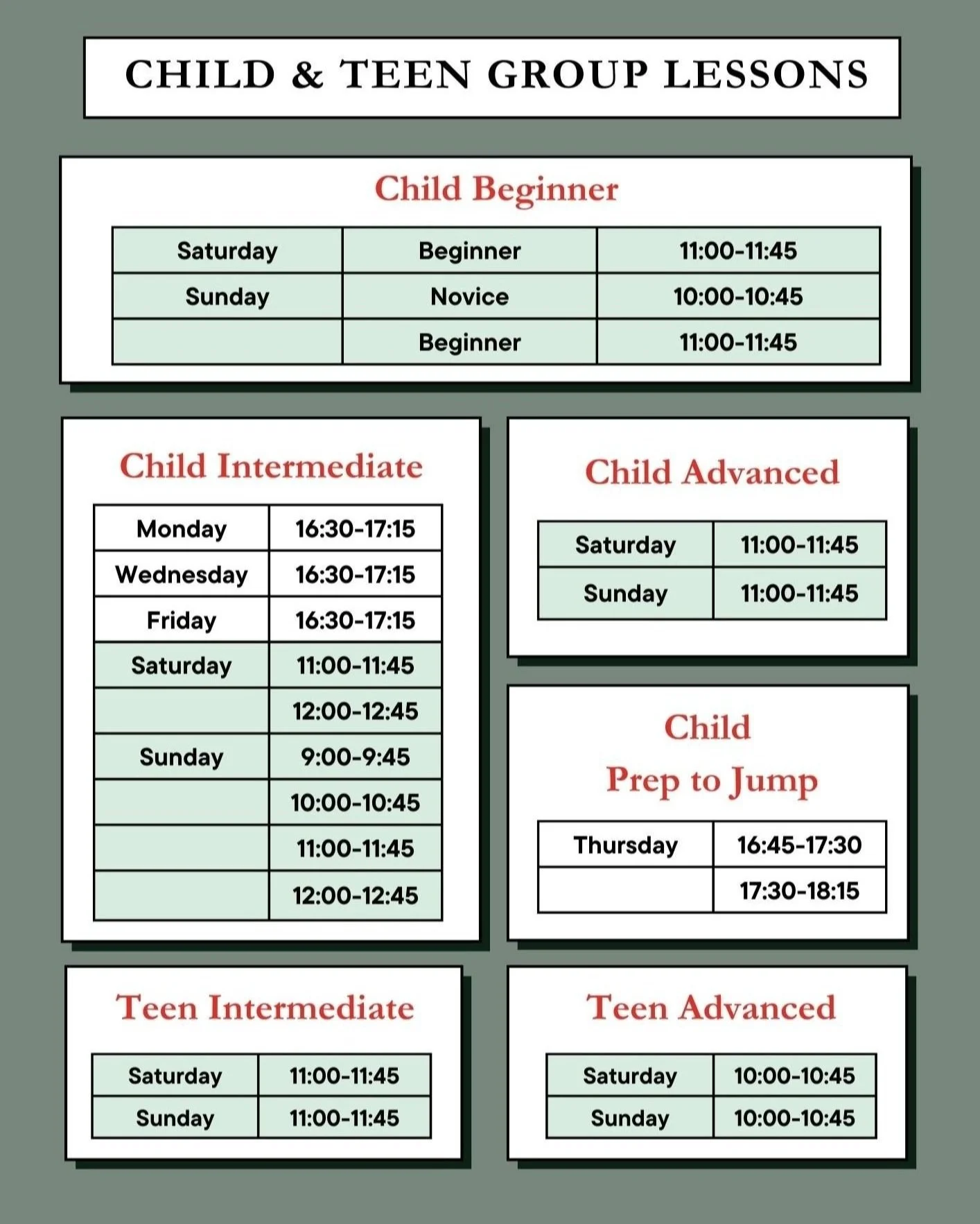 Schedule for children's group lessons showing different classes for child beginner, intermediate, and advanced levels with days and times.