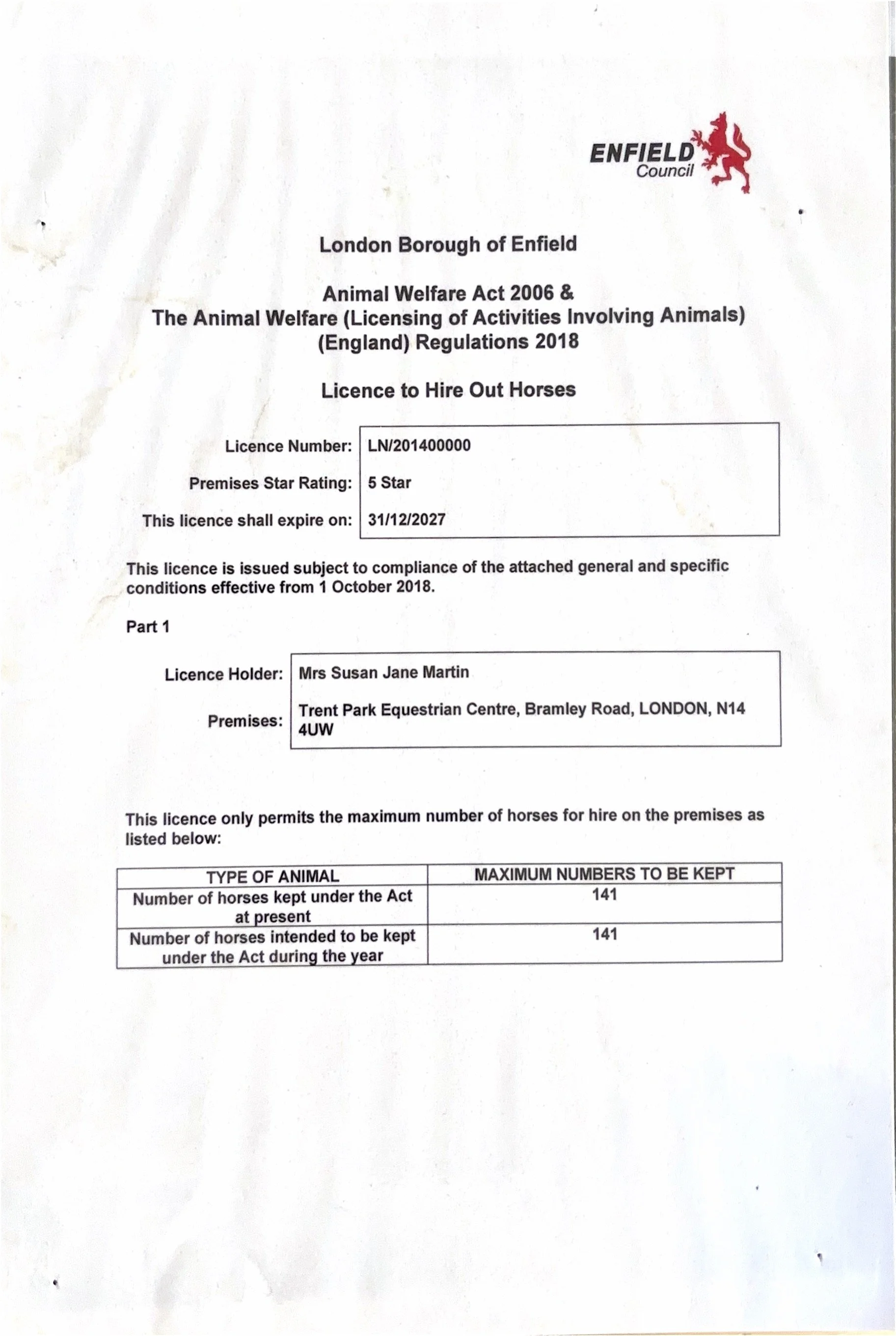 A document related to a horse hire license issued by the London Borough of Enfield, detailing license number, star rating, expiration date, holder's name, premises, and horse limits.