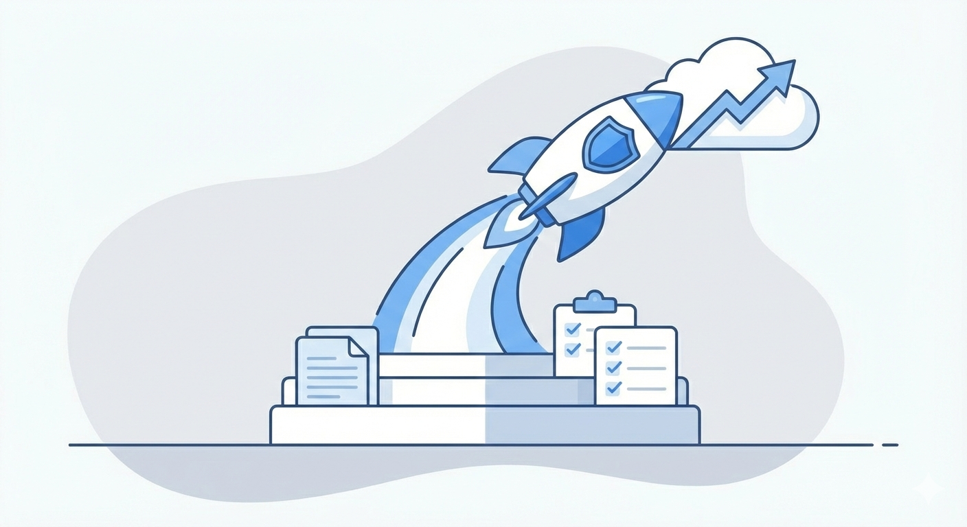 Kuvituskuva, jossa tietosuojadokumentteja jalustalla, jonka päältä on laukaistu avaruusraketti kohti pilveä, jossa näkyy ylöspäin suuntautuva pörssikurssi