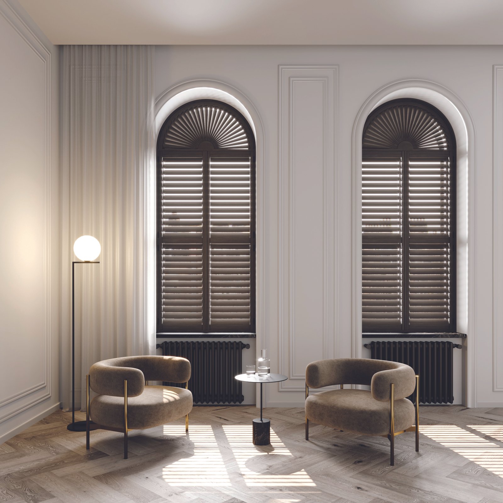 Minimalist room with two modern armchairs, floor lamp, small round table, and arched windows with shaped shutters