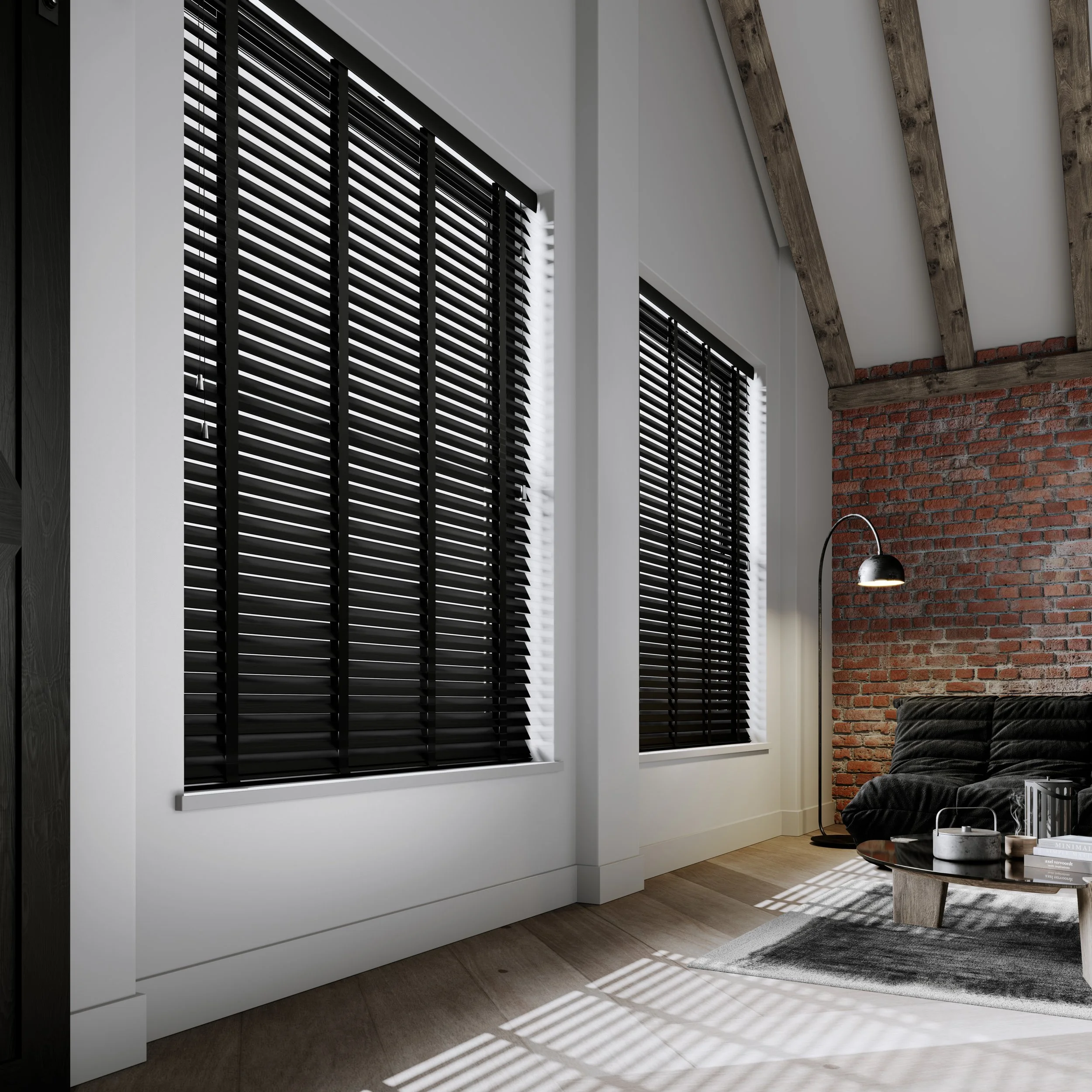 Modern living room with black Venetian blinds, wooden beams, brick accent wall, floor lamp, dark sofa, and coffee table.