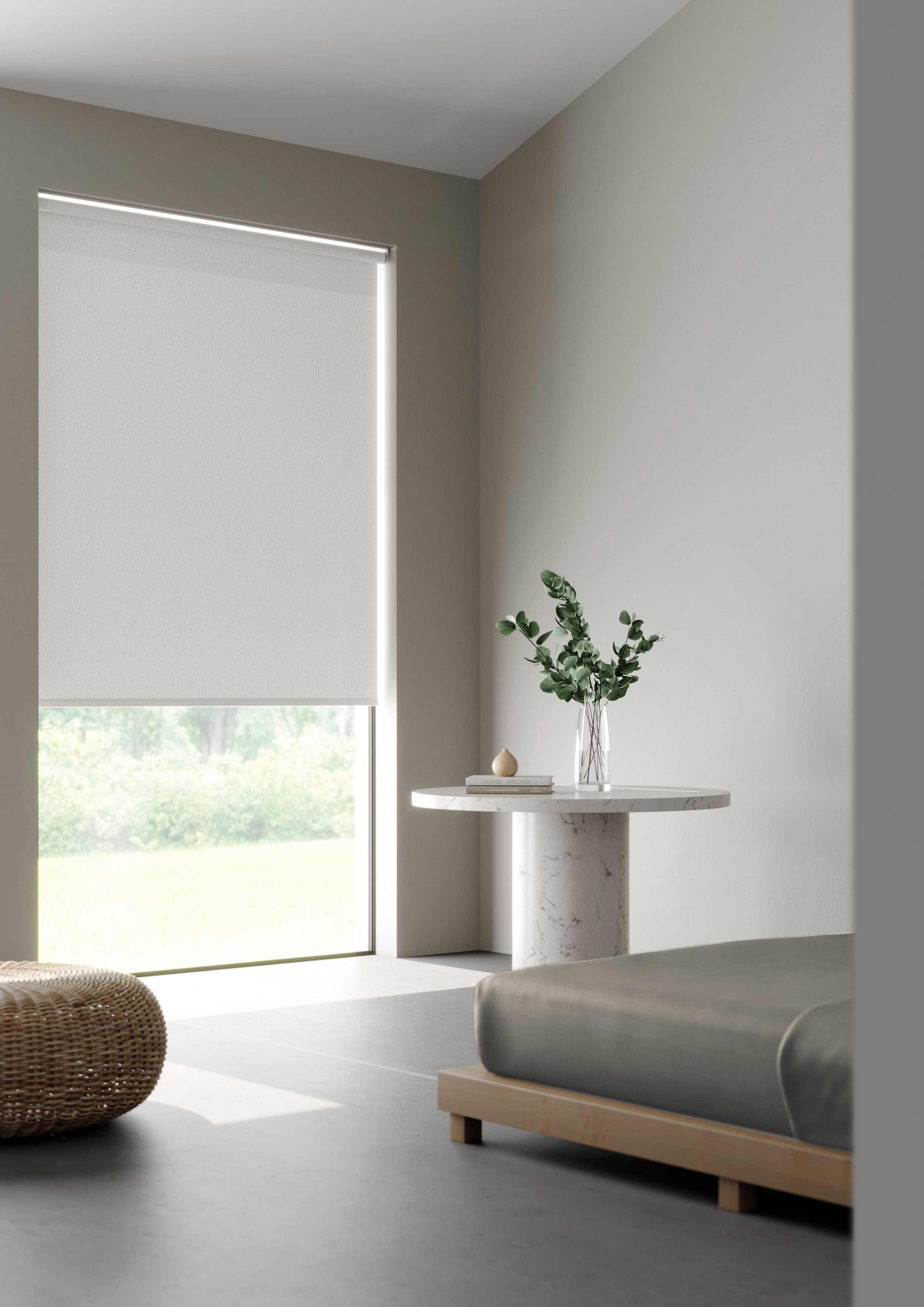 Minimalist room with a marble table, vase with green leaves, bed, and a large window with a electric roller blind.